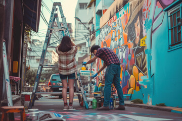 Local community members collaboratively painting a vibrant floral mural on an urban wall.