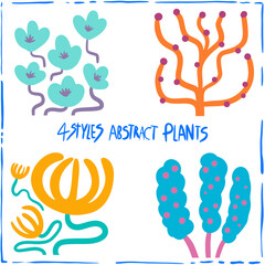 4 styles abstract plants using vibrant, warm tones.