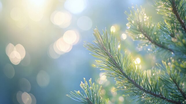 109. Bokeh effect of sun rays passing through spruce needles, with a soft blue sky backdrop, capturing the delicate beauty of a sunlit forest in summer