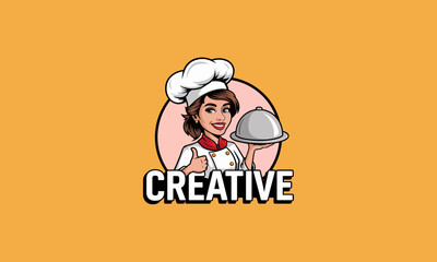 Chef woman in hijab presenting food, cartoon vector