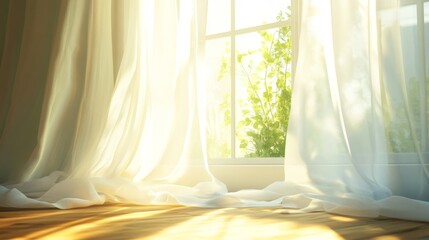 119. Sun shining through delicate curtains, softly blowing in the wind, with an open window revealing a bright, sunny day, symbolizing a peaceful and serene home environment