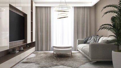 Modern, luxury living room with gray sofa, white coffee table on rug, tree, television in sunlight from sheer, beige blackout curtain for interior design decoration, product background 3D