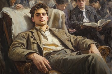 Young man reading book in armchair surrounded by students