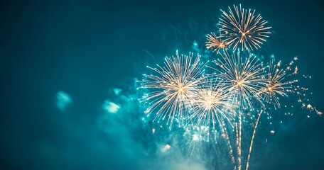 White fireworks on a blue sky, a fireworks display on a rooftop in the background, at night, the fireworks lighting up the dark, clear sky