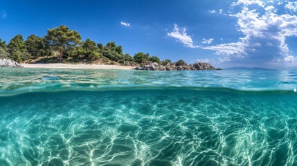 123. Dome shot from the border of air and water, showcasing the crystal clear waters of Halkidiki, with underwater views of the sandy beach and above water views of rocky terrain and trees