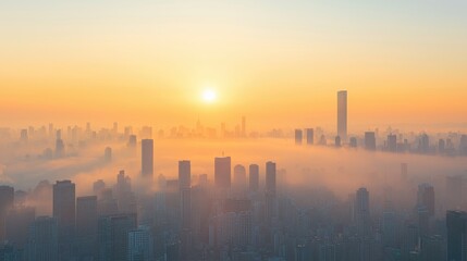 Fototapeta premium Cityscape Sunrise with Fog and Golden Sky