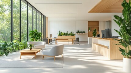 Fototapeta premium Bright open office with clean lines, stylish furniture, and a mix of private and collaborative spaces, natural wood accents and indoor plants