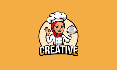 Chef woman in hijab presenting food, cartoon vector