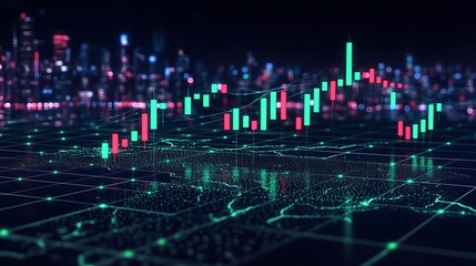 Obraz premium A decentralized cryptocurrency market with green and red candlesticks, displayed over a grid-like global map, illuminated nodes representing independent trading regions,