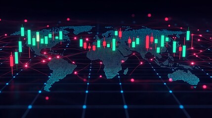 Obraz premium A decentralized digital market with alternating green and red candlesticks, projected over a grid-based world map, glowing nodes marking decentralized trading regions,