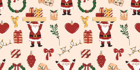 Seamless pattern with the image of Christmas elements. Garland, gifts, toys, Christmas tree, Santa Claus, wreath. Flat vector illustration.