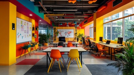 Fototapeta premium Creative workspace with vibrant colors, open-plan layout, collaborative environment with large desks and whiteboards for brainstorming