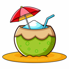 a cartoon-style coconut drink with a straw and umbrella,