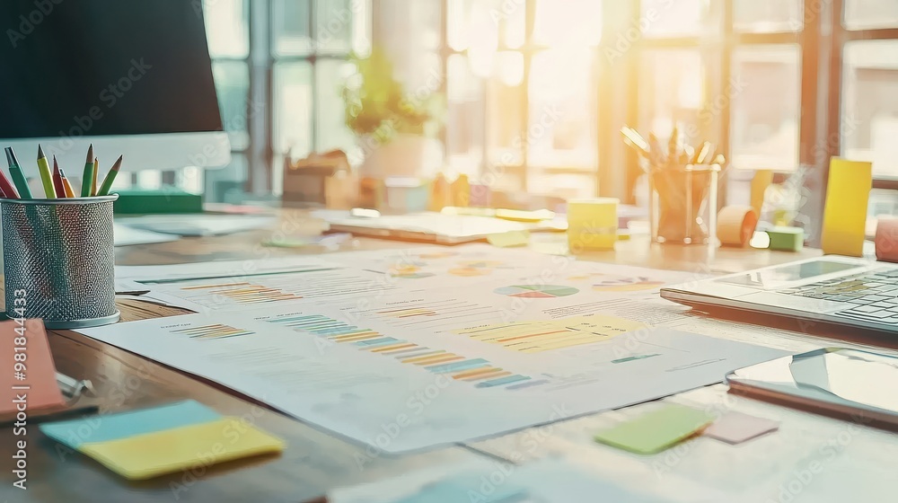 Poster business data analysis workspace with charts graphs and sticky notes