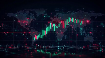 Fototapeta premium A dynamic candlestick chart with green and red bars alternating, projected on a dark world map with glowing gridlines, representing high volatility in cryptocurrency markets,