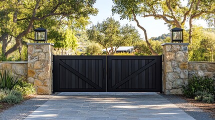 Elegant driveway entrance with double black gates and stone pillars, surrounded by lush greenery in a peaceful suburban neighborhood.