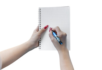 woman hands writing in empty notebook isolated on transparent background. PNG File
