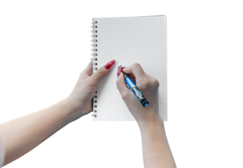 woman hands writing in empty notebook isolated on transparent background. PNG File