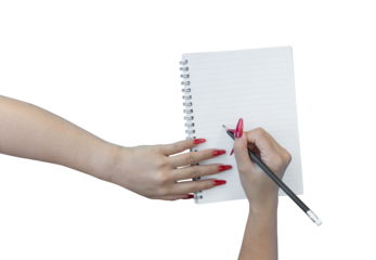 woman hands writing in empty notebook isolated on transparent background. PNG File