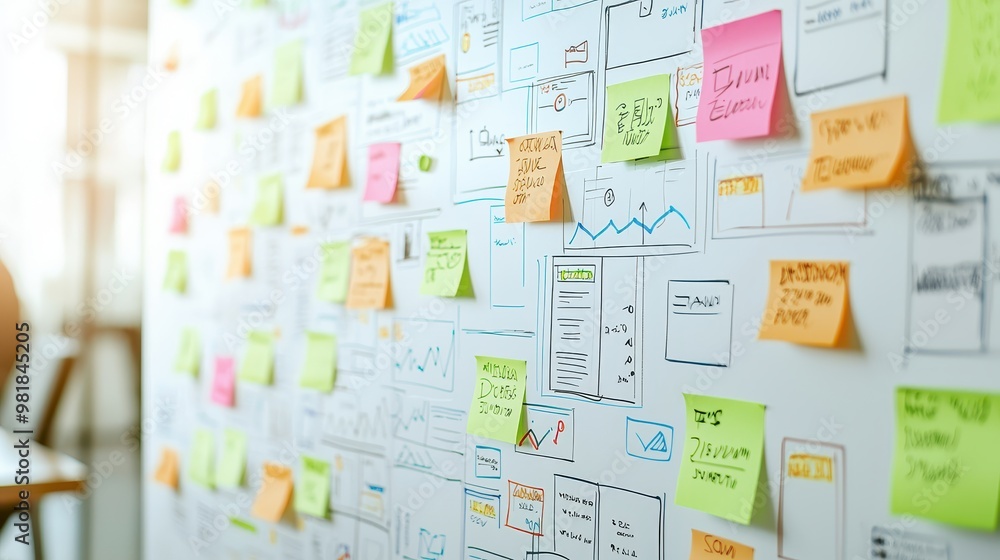 Poster whiteboard with sticky notes and website design sketches