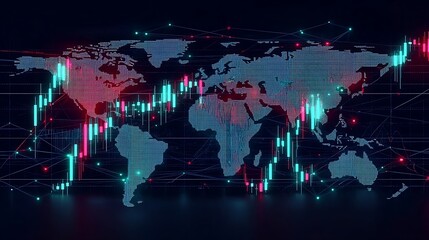 Obraz premium A dynamic real-time cryptocurrency chart with fluctuating red and green candlesticks, overlaying a glowing world map, digital currency symbols moving in real-time across continents,