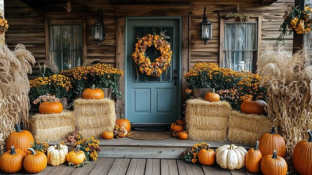 This cozy porch adorned with pumpkins, flowers, and hay bales celebrates the autumn season.