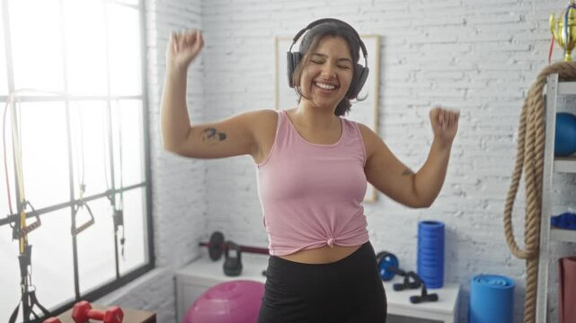 Young woman dancing with headphones in a gymnasium setting, surrounded by fitness equipment and workout gear, exuding joy and energy in an indoor sport environment