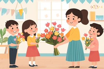 Happy Children Celebrating Teacher Appreciation with Flowers – A Heartwarming Illustration of Gratitude and Joy in a Classroom Setting