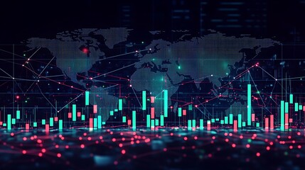 Fototapeta premium A futuristic global cryptocurrency chart with fluctuating green and red candlesticks, integrated with a glowing network of lines connecting different countries, digital world map in the background,