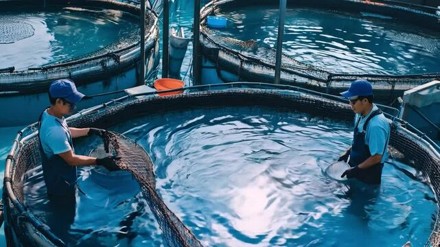 This Two workers manage aquaculture tanks, carefully handling equipment and monitoring fish.