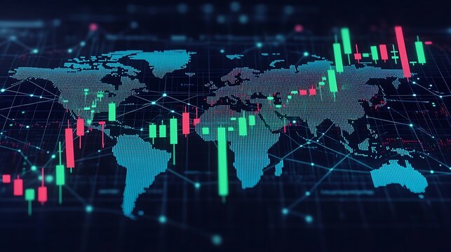 A glowing candlestick chart with green and red candlesticks fluctuating, overlaying a digital world map with time zones highlighted, network lines connecting financial hubs globally,