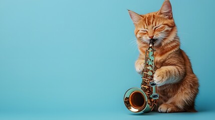 A Joyful Cat Plays a Saxophone, Bringing Melodic Cheer in a Vibrant Blue Atmosphere with Delight. Cat and Music Talent Concept