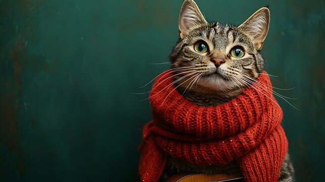 Joyful Feline in a Cozy Red Sweater Strumming an Acoustic Guitar Against a Mysterious Backdrop. Cat and Music Talent Concept
