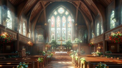 Fototapeta premium Serene Church Interior with Stained Glass Window