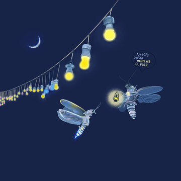Libelulas brillando entre el cielo nocturno 