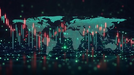 A mix of green and red candlesticks fluctuating wildly on a market chart, overlaying a pulsating global map with bright financial hubs, glowing network lines illustrating global connections,