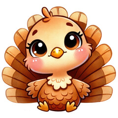 Obraz premium A cute cartoon turkey character with big eyes and a fluffy, fan-shaped tail. It's designed in warm brown tones, bringing a playful and festive vibe.