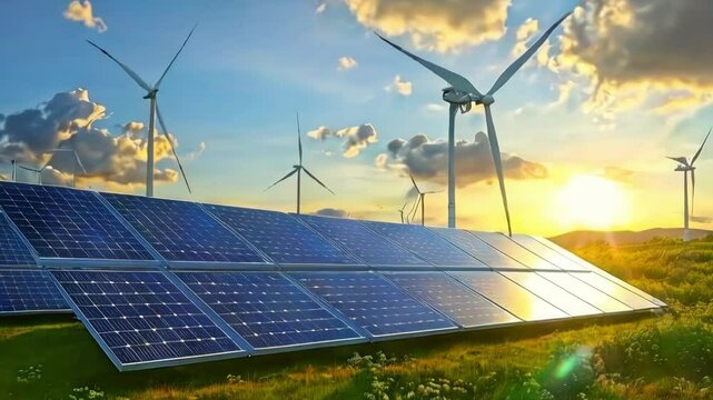 Solar panels and turbines, solar power turbine with large propeller tower