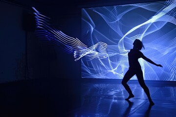 A woman is dancing in a colorful, swirling vortex