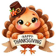 A cute cartoon turkey wearing a hat holds a banner reading "Happy Thanksgiving," celebrating the festive holiday spirit.