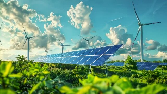 Solar panels and turbines, solar power turbine with large propeller tower
