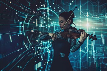 Fototapeta premium A man is playing the violin in front of a blue background