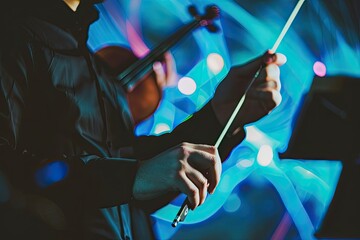 Fototapeta premium A man is playing the violin in front of a blue background