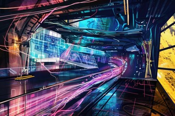 A colorful, abstract painting of a cityscape with neon lights and a bridge