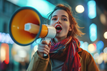 Young Caucasian female activist passionately speaking through a megaphone at a sunset protest.