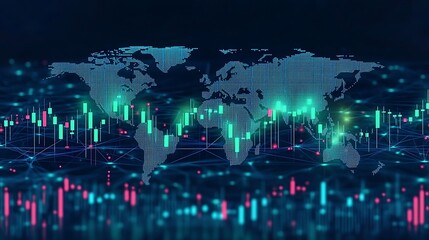 Fototapeta premium A sharp rise in green candlesticks on a bullish cryptocurrency chart, displayed over a vibrant blue world map with glowing financial hubs, network lines connecting markets, futuristic lighting,