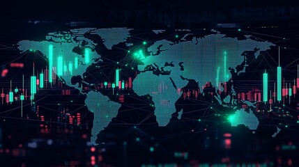 Obraz premium A sharp rise in green candlesticks on a cryptocurrency chart, overlaid on a world map with glowing cryptocurrency symbols flashing across major trading regions,