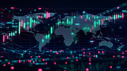 Fototapeta premium A sharp rise in green candlesticks on a cryptocurrency stock chart, overlaid on a digital world map with bright arrows pointing to financial hubs,