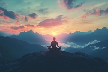 Fototapeta premium Silhouette of a Woman Meditating on Mountain Peak at Sunset