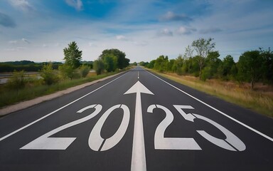 An empty road with "2025" written on it and an arrow pointing forward symbolizes the journey toward the future.
